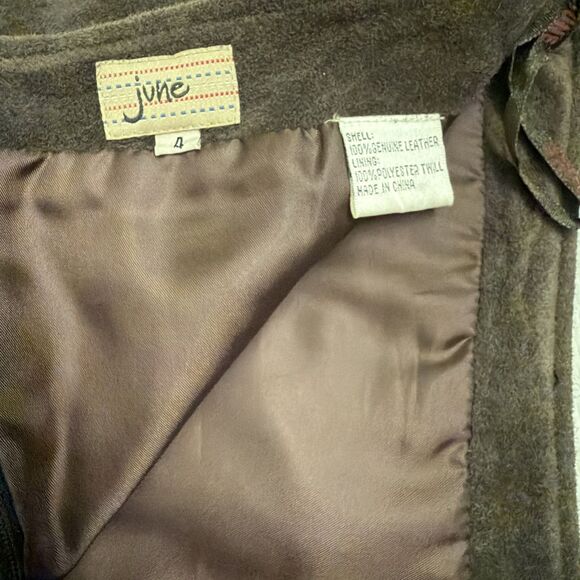 June Genuine Leather Suede Brown Lined Buckle Pockets Mini  Skirt  Size 4 - Picture 6 of 7